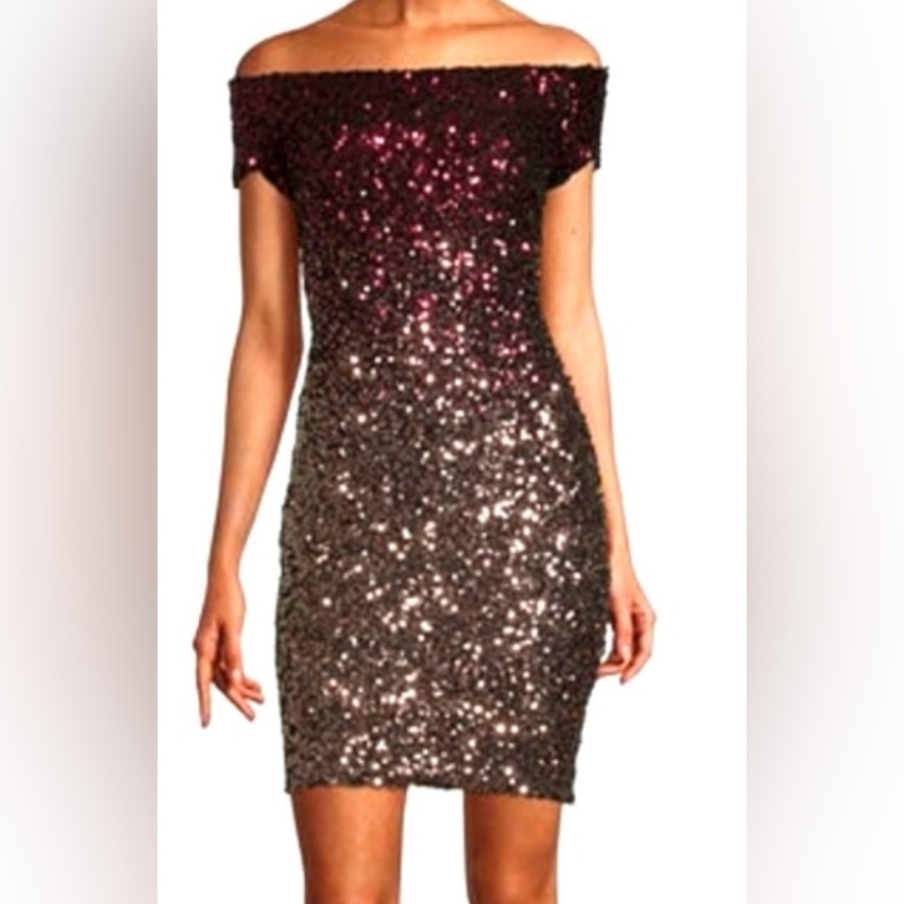 B. SMART Size 1 Junior, Off-Shoulder Dress - BLACK with BURGUNDY & GOLD sequins!